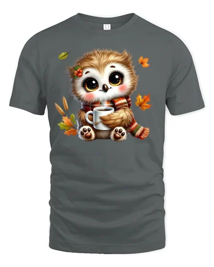 Cozy Autumn Owl Tee - Cute Coffee Lover Fall T-Shirt - gray t-shirt on white background