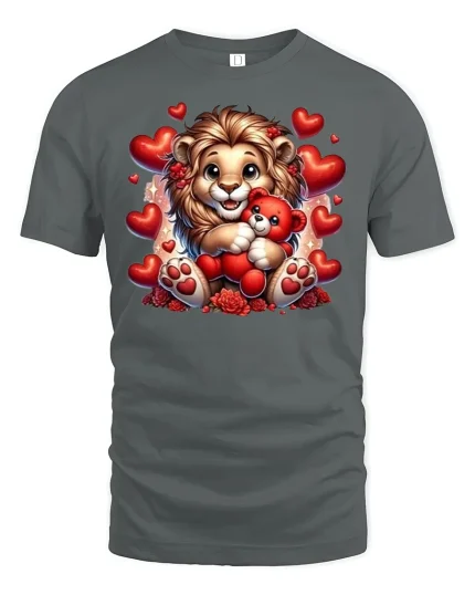 Cute Lion Love Tee - Adorable Valentine Teddy Bear T-Shirt - gray t-shirt on white background