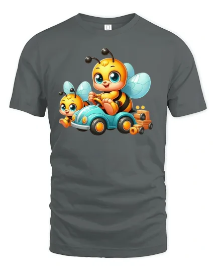 Busy Bee Ride Tee - Cute Cartoon Bee Car Lovers T-Shirt - gray t-shirt on white background