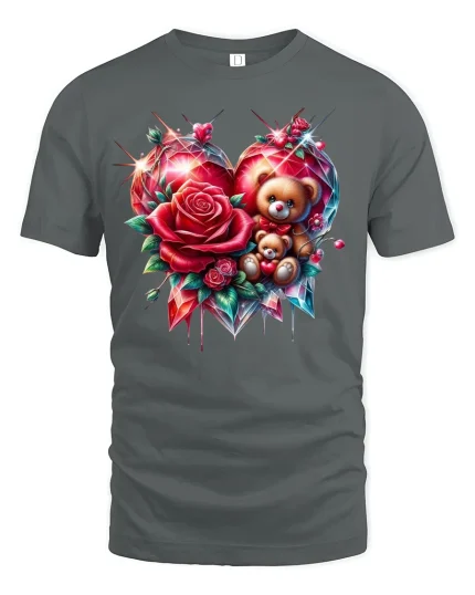 Romantic Rose Heart Teddy Tee - Cute Valentine T-Shirt - gray t-shirt on white background