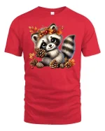 Cute Fall Raccoon Tee - Autumn Leaves Woodland T-Shirt - red t-shirt on white background