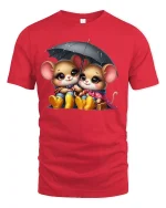 Cute Rainy Day Mice Tee - Adorable Umbrella T-Shirt - red t-shirt on white background