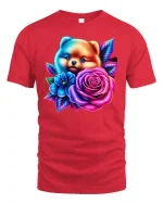 Cute Puppy With Roses Tee - Vibrant Floral Dog T-Shirt - red t-shirt on white background