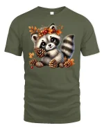 Cute Fall Raccoon Tee - Autumn Leaves Woodland T-Shirt - military green t-shirt on white background