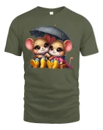 Cute Rainy Day Mice Tee - Adorable Umbrella T-Shirt - military green t-shirt on white background