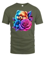 Cute Puppy With Roses Tee - Vibrant Floral Dog T-Shirt - military green t-shirt on white background