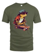 Cool Skateboard Lizard Tee - Funny Street Style T-Shirt - military green t-shirt on white background
