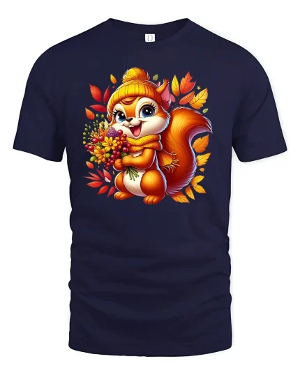 Cute Autumn Squirrel Tee - Fall Forest Animal T-Shirt - navy t-shirt on white background