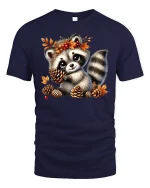 Cute Fall Raccoon Tee - Autumn Leaves Woodland T-Shirt - navy t-shirt on white background