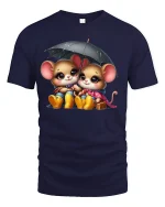 Cute Rainy Day Mice Tee - Adorable Umbrella T-Shirt - navy t-shirt on white background