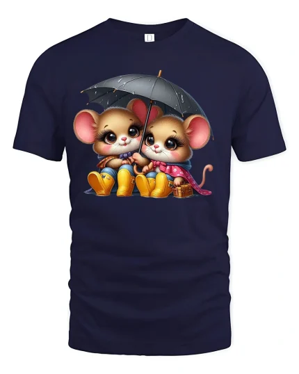 Cute Rainy Day Mice Tee - Adorable Umbrella T-Shirt - navy t-shirt on white background
