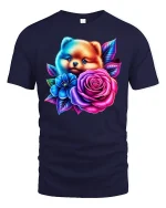 Cute Puppy With Roses Tee - Vibrant Floral Dog T-Shirt - navy t-shirt on white background