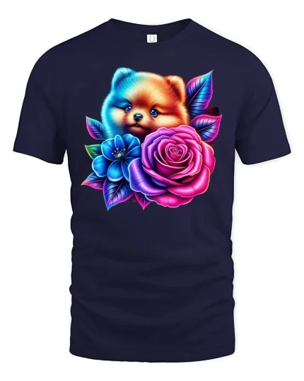 Cute Puppy With Roses Tee - Vibrant Floral Dog T-Shirt - navy t-shirt on white background
