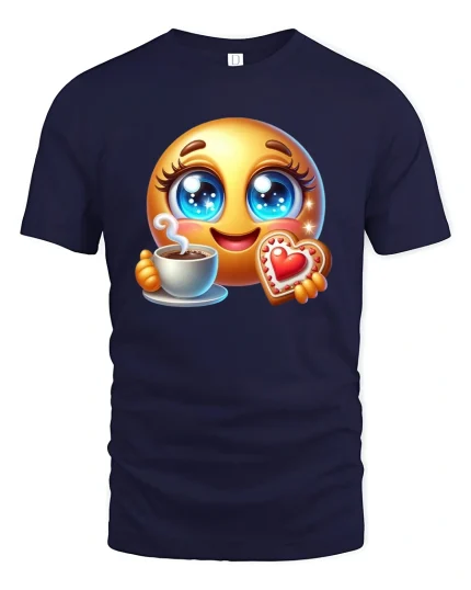 Cute Emoji Coffee Time Tee - Funny Heart Cookie T-Shirt - navy t-shirt on white background