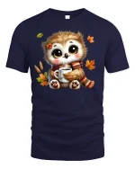 Cozy Autumn Owl Tee - Cute Coffee Lover Fall T-Shirt - navy t-shirt on white background