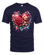 Romantic Rose Heart Teddy Tee - Cute Valentine T-Shirt - navy t-shirt on white background