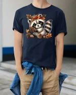 Cute Fall Raccoon Tee - Autumn Leaves Woodland T-Shirt - model wearing navy tee with hands in pockets