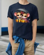 Cute Rainy Day Mice Tee - Adorable Umbrella T-Shirt - model wearing navy tee with hands in pockets
