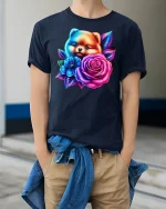 Cute Puppy With Roses Tee - Vibrant Floral Dog T-Shirt - model wearing navy tee with hands in pockets