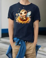 Cute Bee On Sunflower Tee - Adorable Nature Lover Shirt - model wearing navy tee with hands in pockets