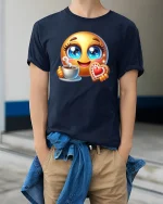 Cute Emoji Coffee Time Tee - Funny Heart Cookie T-Shirt - model wearing navy tee with hands in pockets