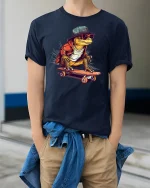 Cool Skateboard Lizard Tee - Funny Street Style T-Shirt - model wearing navy tee with hands in pockets