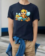 Busy Bee Ride Tee - Cute Cartoon Bee Car Lovers T-Shirt - model wearing navy tee with hands in pockets