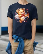 Cupid Teddy Bear Tee - Cute Valentine Love Arrow T-Shirt - model wearing navy tee with hands in pockets