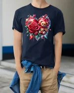 Romantic Rose Heart Teddy Tee - Cute Valentine T-Shirt - model wearing navy tee with hands in pockets