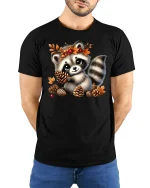 Cute Fall Raccoon Tee - Autumn Leaves Woodland T-Shirt - model wearing black tee with hands behind back