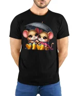 Cute Rainy Day Mice Tee - Adorable Umbrella T-Shirt - model wearing black tee with hands behind back