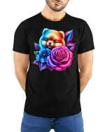 Cute Puppy With Roses Tee - Vibrant Floral Dog T-Shirt - model wearing black tee with hands behind back