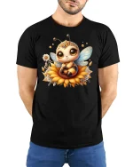 Cute Bee On Sunflower Tee - Adorable Nature Lover Shirt - model wearing black tee with hands behind back