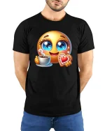 Cute Emoji Coffee Time Tee - Funny Heart Cookie T-Shirt - model wearing black tee with hands behind back
