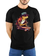 Cool Skateboard Lizard Tee - Funny Street Style T-Shirt - model wearing black tee with hands behind back