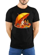 Cozy Autumn Bunny Tee - Cute Fall Squirrel Friends Shirt - model wearing black tee with hands behind back