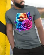 Cute Puppy With Roses Tee - Vibrant Floral Dog T-Shirt - model wearing grey tee, leaning on column