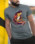 Cool Skateboard Lizard Tee - Funny Street Style T-Shirt - model wearing grey tee, leaning on column