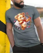 Cupid Teddy Bear Tee - Cute Valentine Love Arrow T-Shirt - model wearing grey tee, leaning on column