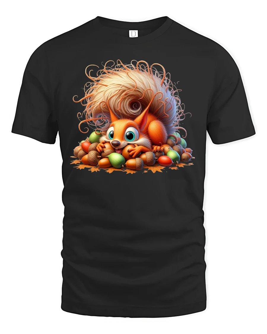 Cute Squirrel with Acorns T-Shirt for Fall Season Fun - 1 Cute Squirrel with Acorns T-Shirt for Fall Season Fun - black t-shirt on white background