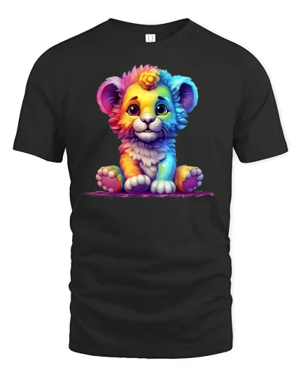 Cute Rainbow Lion Cub T-Shirt for Animal Lovers Gift - black t-shirt on white background