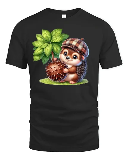 Cute Hedgehog with Chestnut T-Shirt for Animal Lovers - black t-shirt on white background