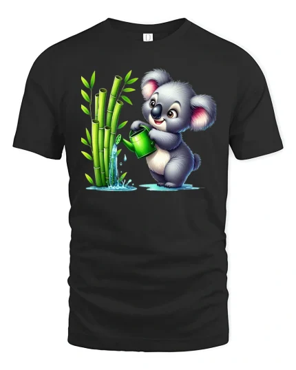 Cute Koala Watering Bamboo T-Shirt for Nature Lovers - black t-shirt on white background