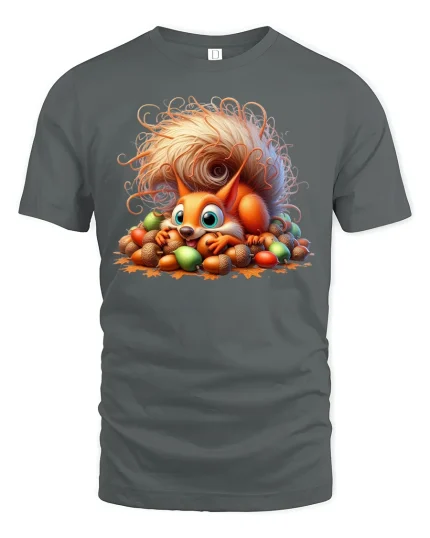 Cute Squirrel with Acorns T-Shirt for Fall Season Fun - gray t-shirt on white background