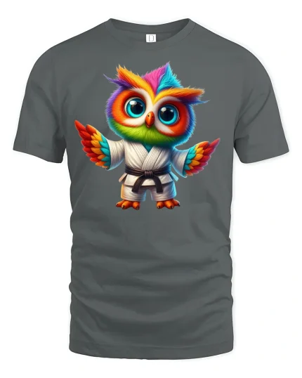 Colorful Martial Arts Owl T-Shirt for Funny Style Fans - gray t-shirt on white background