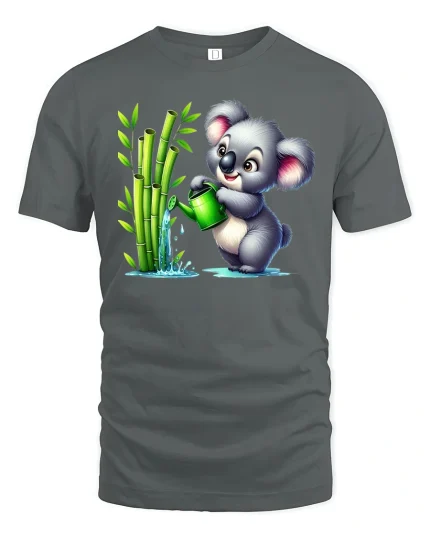 Cute Koala Watering Bamboo T-Shirt for Nature Lovers - gray t-shirt on white background