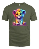 Cute Rainbow Lion Cub T-Shirt for Animal Lovers Gift - military green t-shirt on white background
