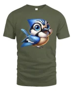 Cute Blue Jay Bird T-Shirt for Nature and Art Lovers - military green t-shirt on white background