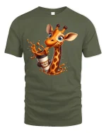 Funny Coffee Giraffe T-Shirt for Caffeine Lovers Gift - military green t-shirt on white background