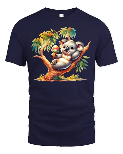Cute Koala Ice Cream T-Shirt for Summer Animal Lovers - navy t-shirt on white background